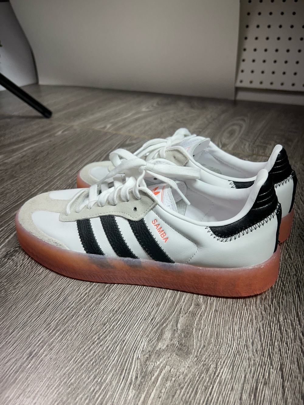 Adidas Samba White Leather Sneakers with Black Stripes & Orange Gum Sole - Picture 8 of 9